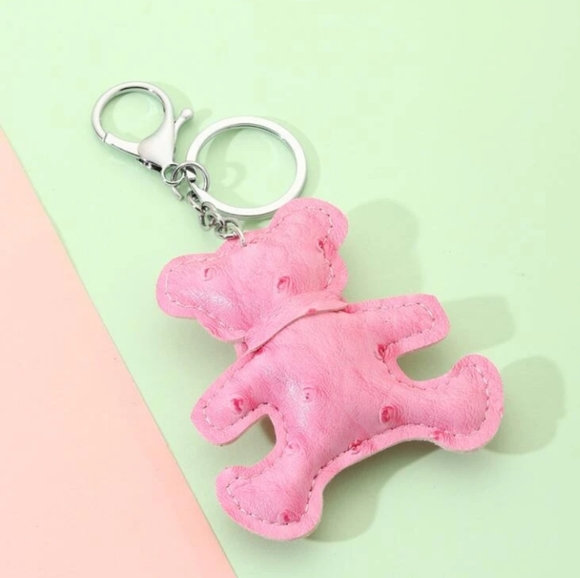 LEATHER PINK TEDDY BEAR KEYCHAIN OR PURSE CHARM - Picture 3 of 3